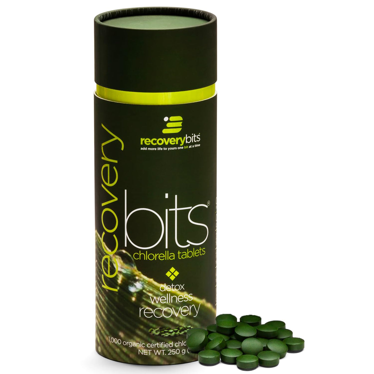 RECOVERYbits chlorella tablets canister with label