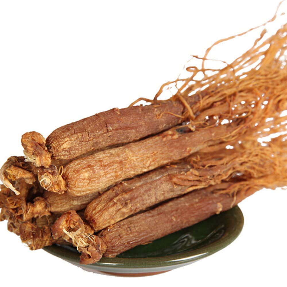 Whole red ginseng root with spindle shape and reddish-brown surface