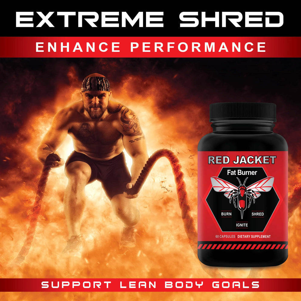Flat lay of Red Jacket Thermogenic Fat Burner with fitness accessories