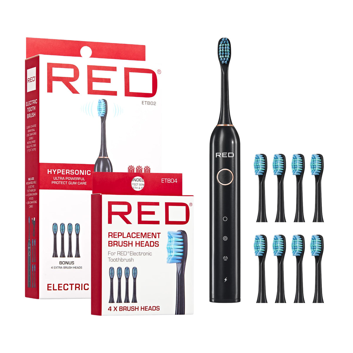 Front view of Red by Kiss Hypersonic Electric Toothbrush in black