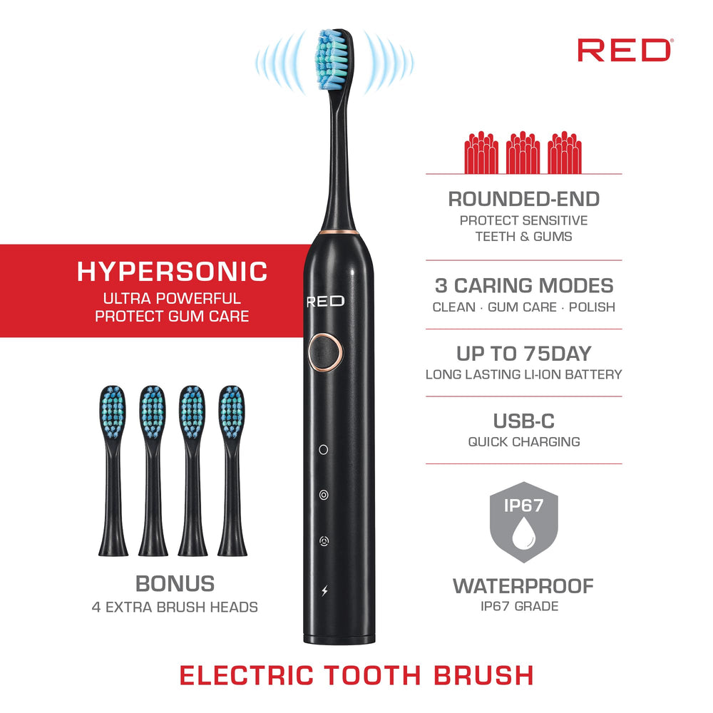Close-up of rounded-end bristles on Red by Kiss toothbrush