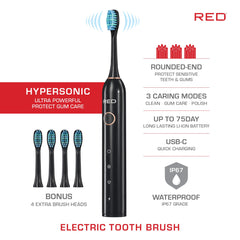 Close-up of rounded-end bristles on Red by Kiss toothbrush