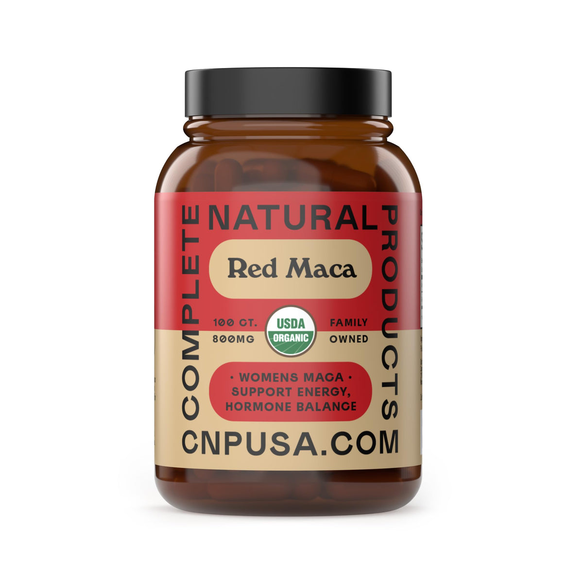 Front view of Organic Red Maca Capsules 800mg
