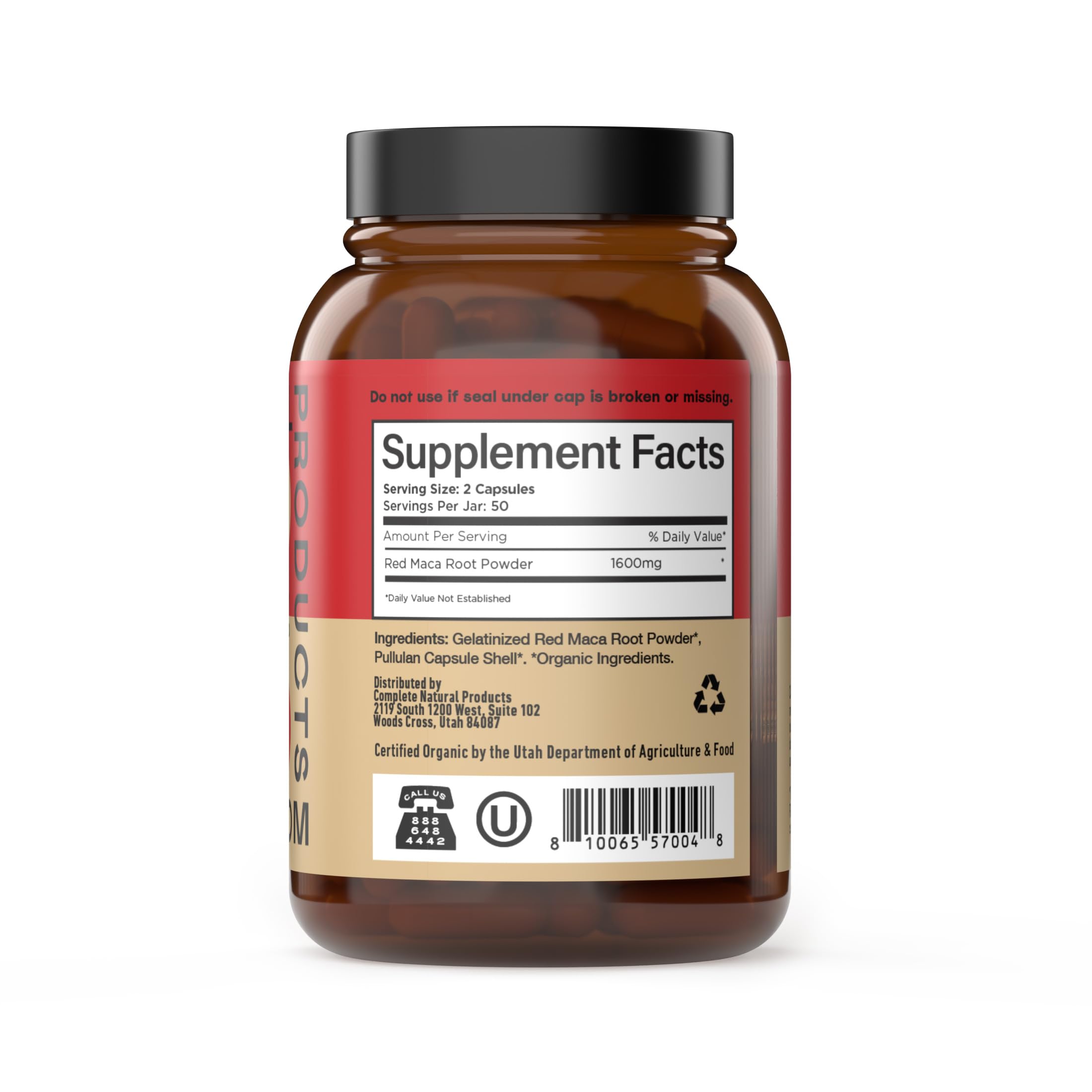 Red Maca Capsules in glass bottle