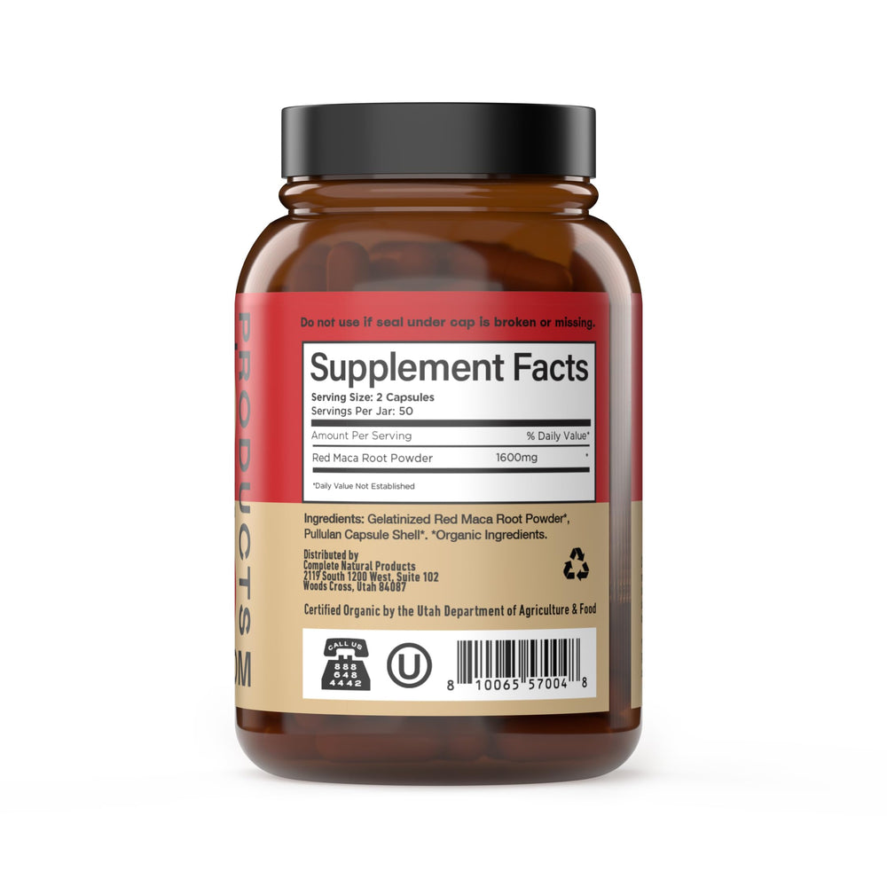 Red Maca Capsules in glass bottle