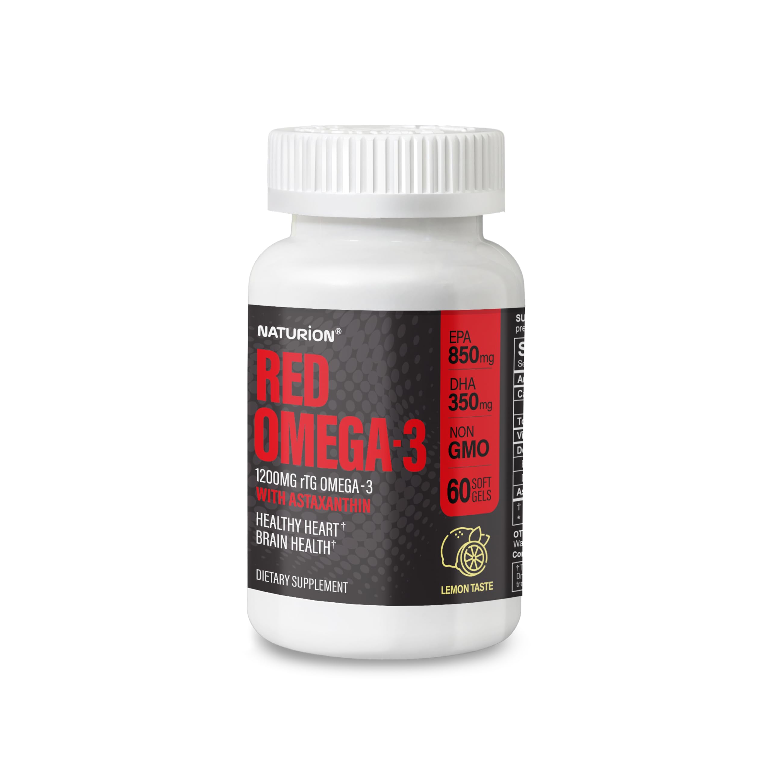 Red Omega-3 Fish Oil bottle with 60 softgels