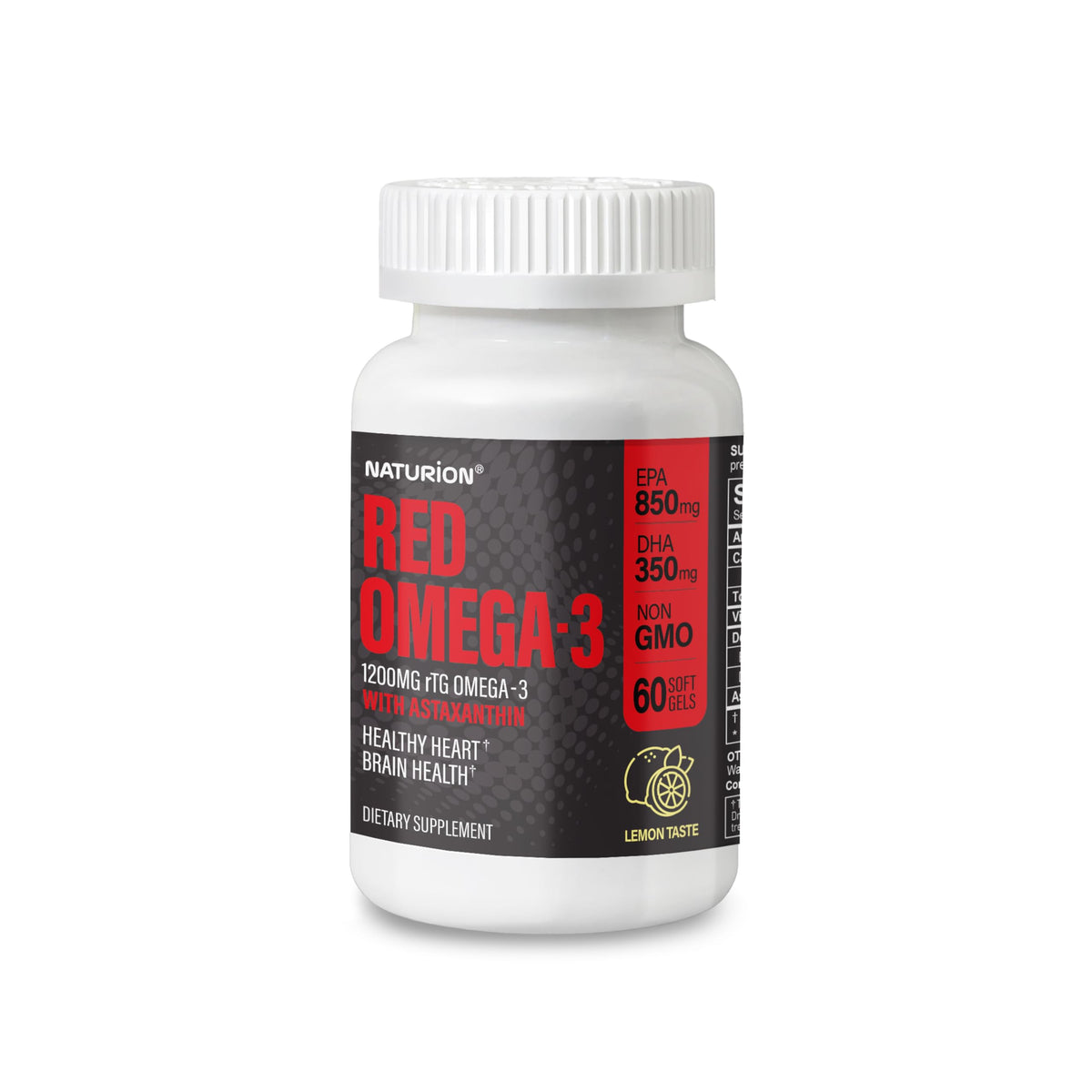 Red Omega-3 Fish Oil bottle with 60 softgels