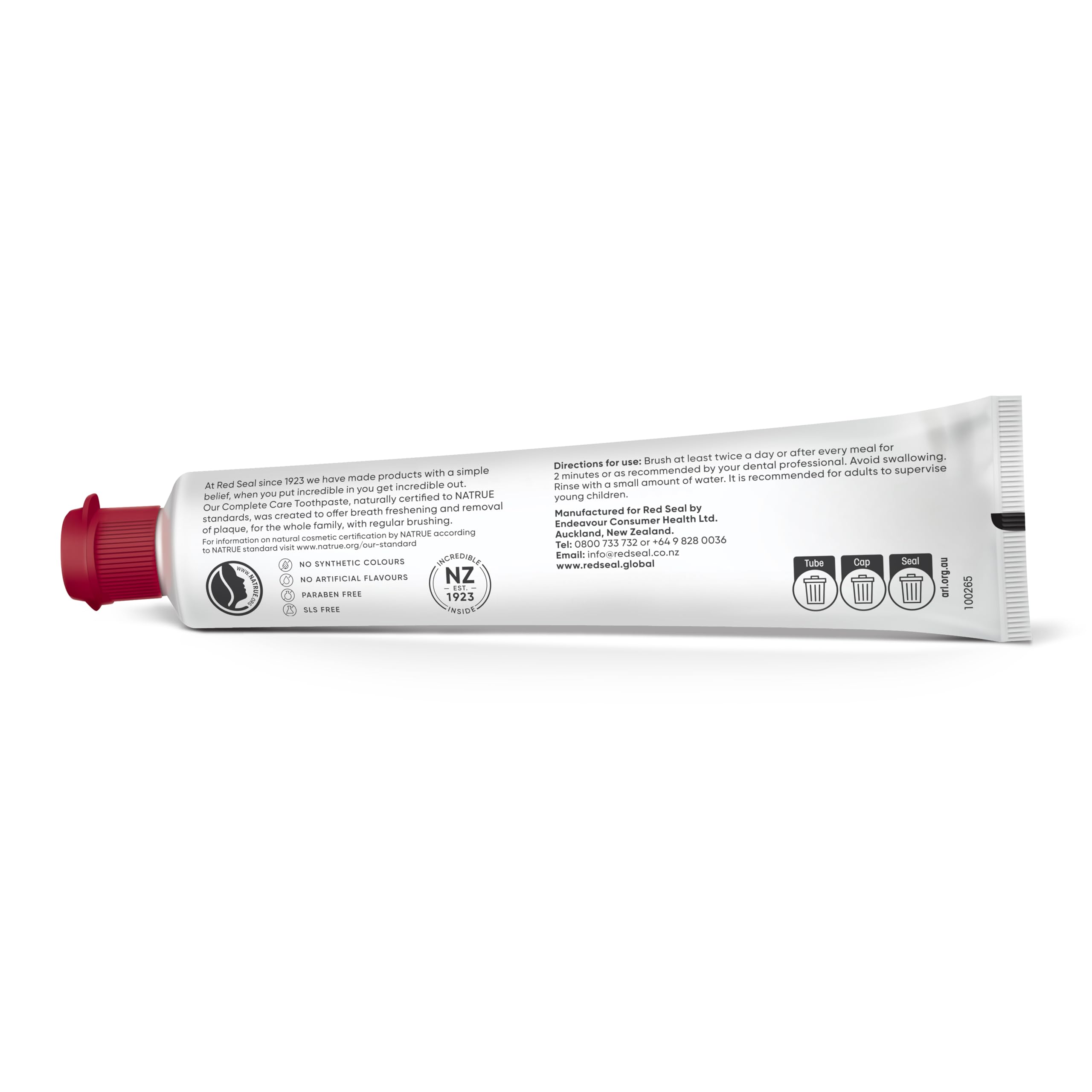 3.53 oz tube of Red Seal Complete Care toothpaste with mint imagery