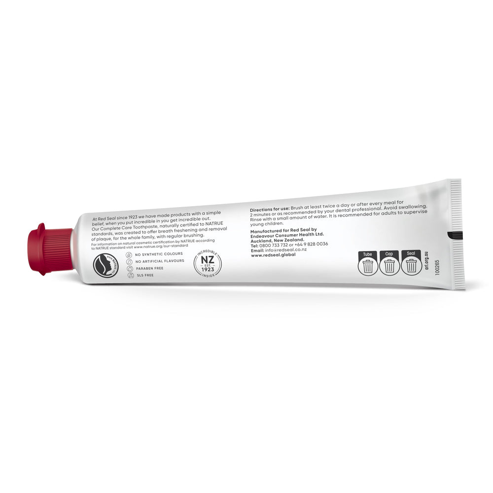 3.53 oz tube of Red Seal Complete Care toothpaste with mint imagery