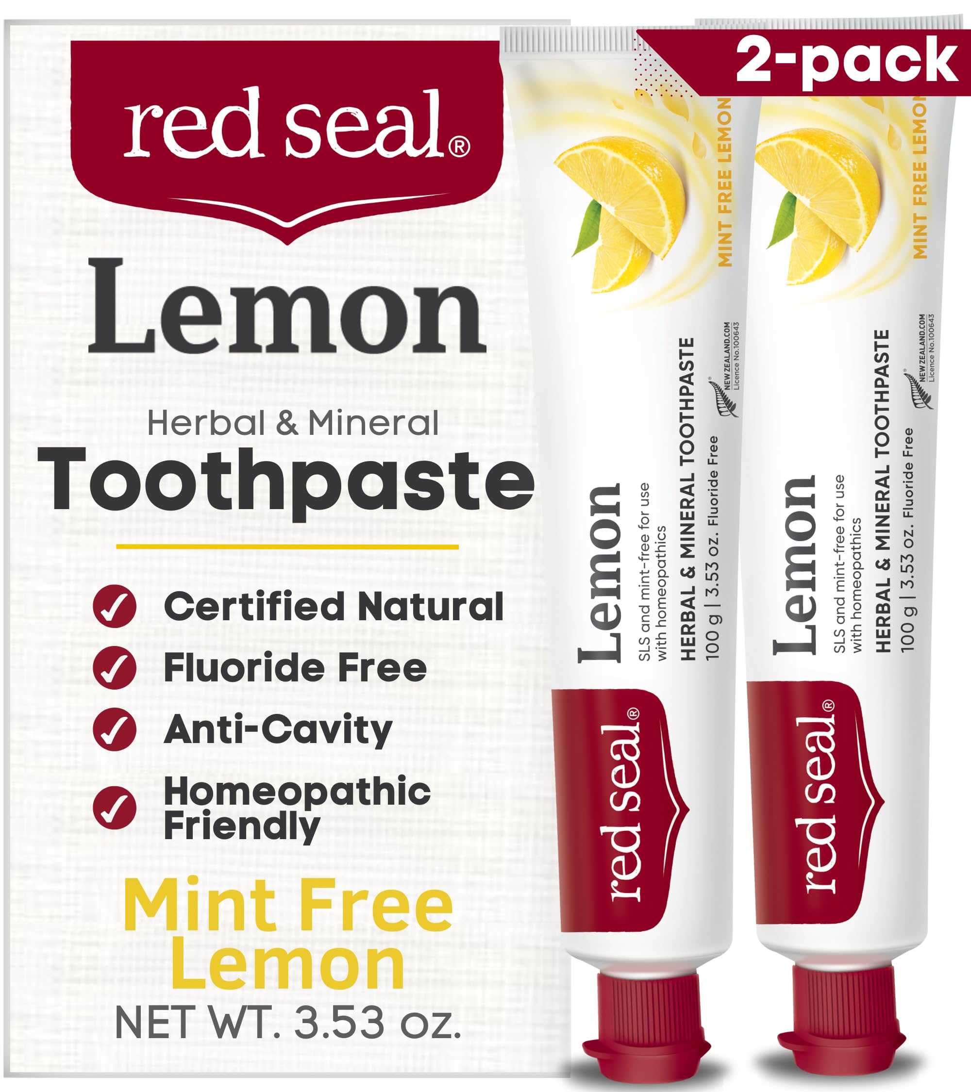 Red Seal Lemon Toothpaste bottle and packaging on white background