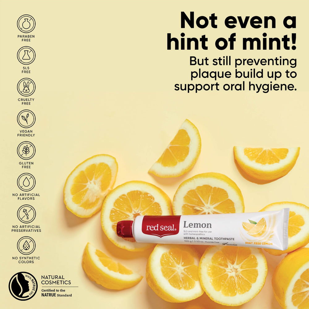 Close-up of Red Seal Lemon Toothpaste tube with label