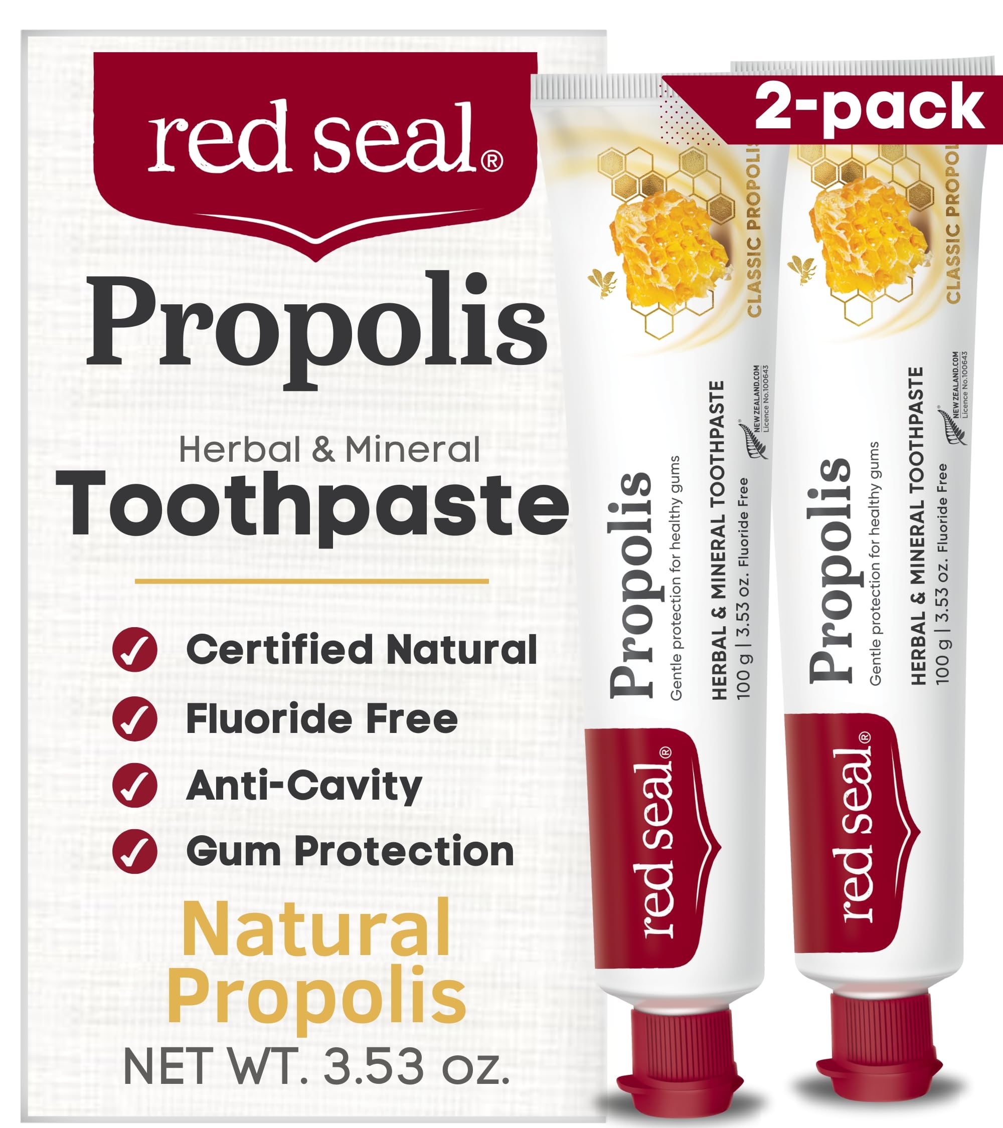 Red Seal Propolis toothpaste tube against white background