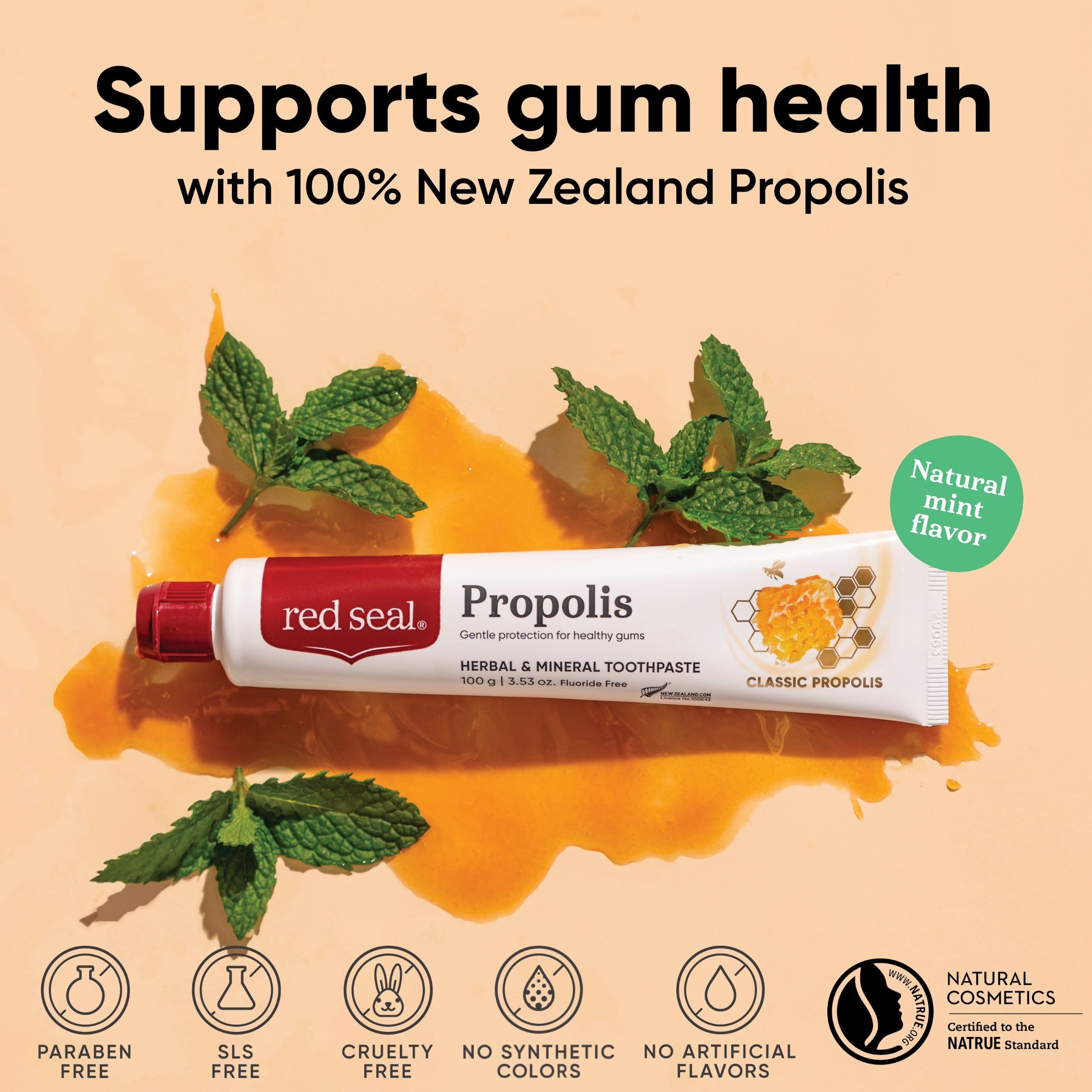 Close-up of toothpaste label showing fluoride-free claim