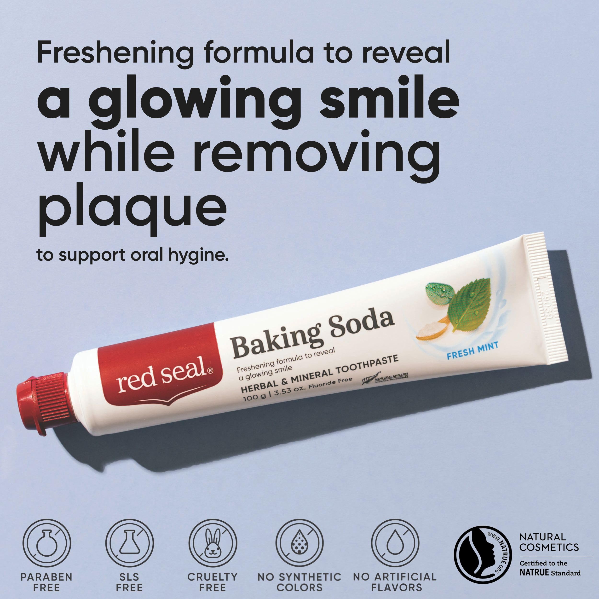 Close-up of toothpaste showing baking soda and herbal minerals