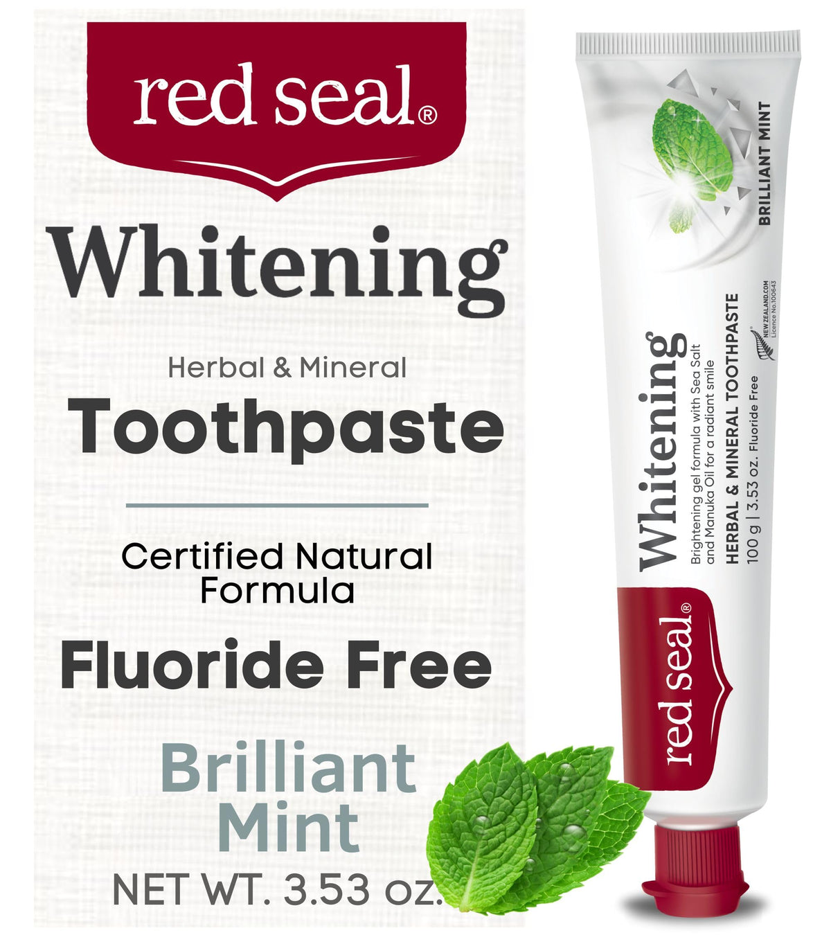 Front packaging of Red Seal Mint Fluoride Free Whitening Toothpaste