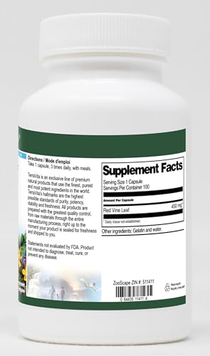 Close-up of ingredients: gelatin, water, Red Vine Leaf - 450 mg