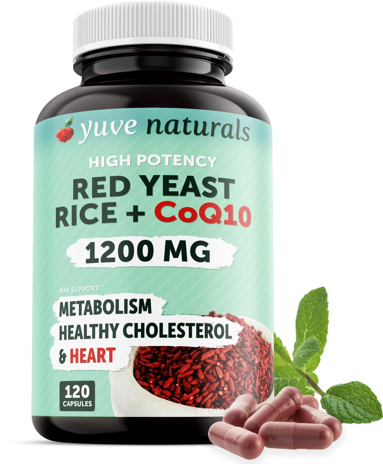 Bottle of Red Yeast Rice 1200 mg with CoQ10 capsules
