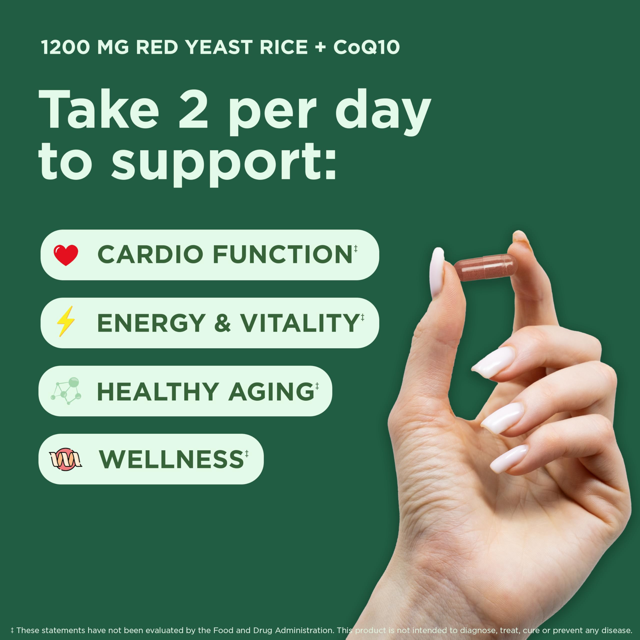 Close-up of red yeast rice capsules showing 1200 mg potency