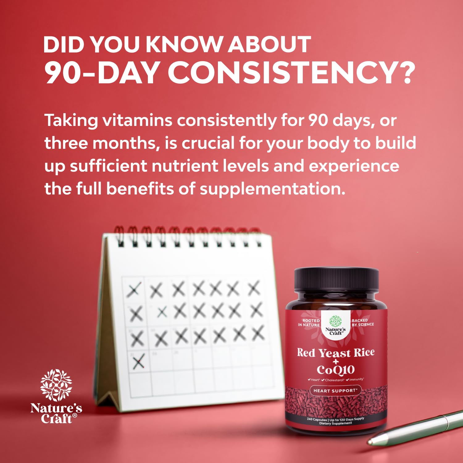Lifestyle shot of Red Yeast Rice with CoQ10 bottle on countertop