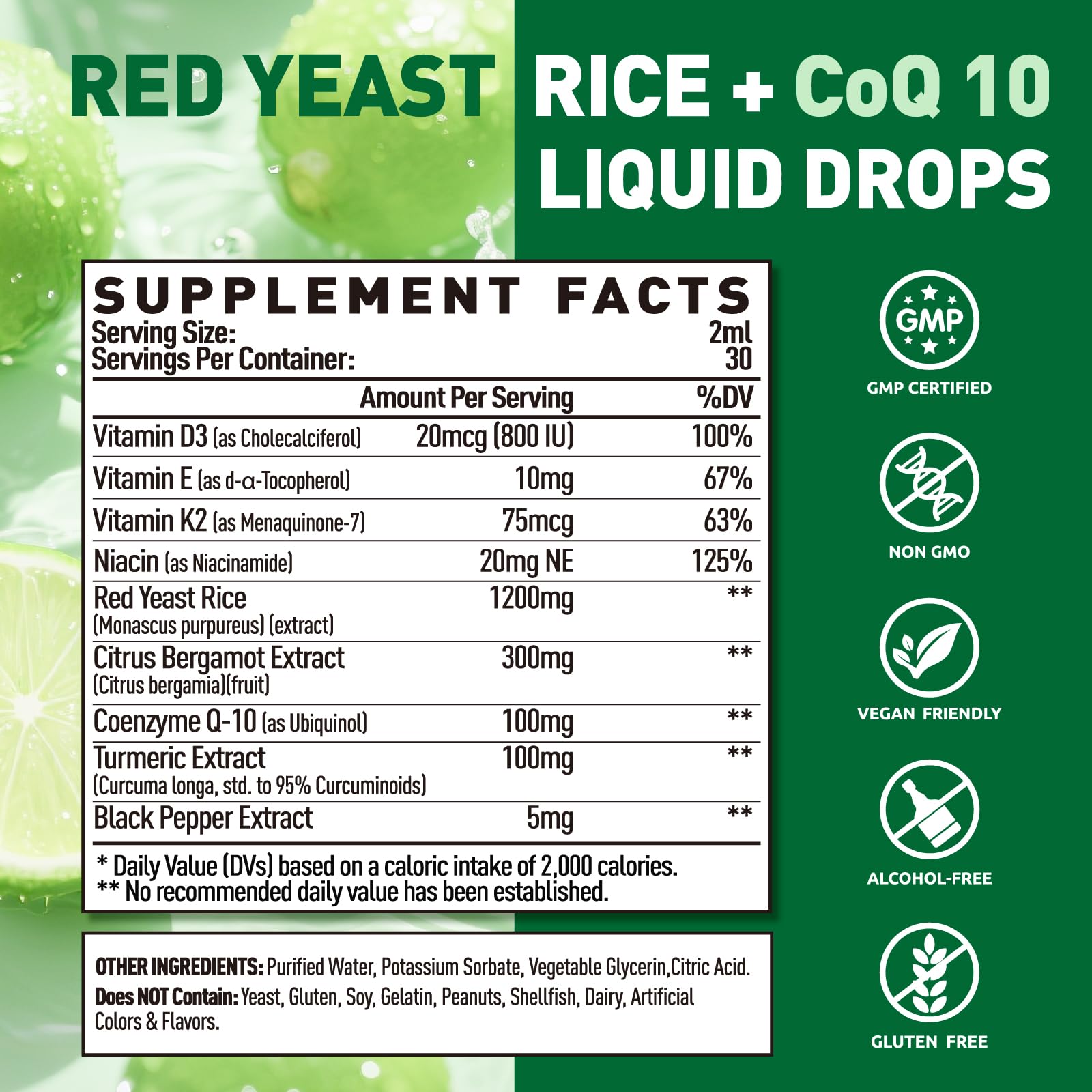Two-ounce bottle showing 30 servings of red yeast rice drops