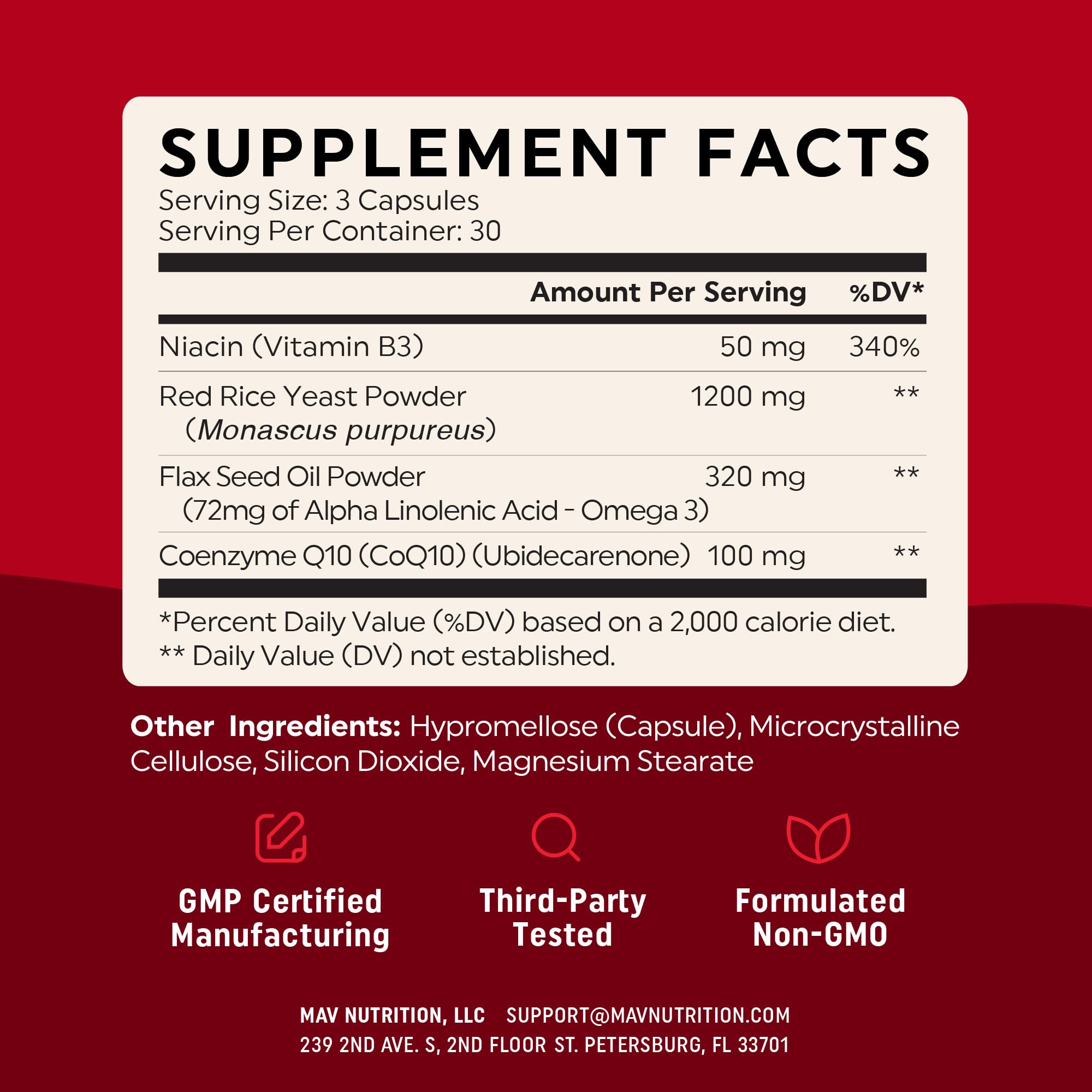 Bottle and capsules of Red Yeast Rice with CoQ10 and Omega-3