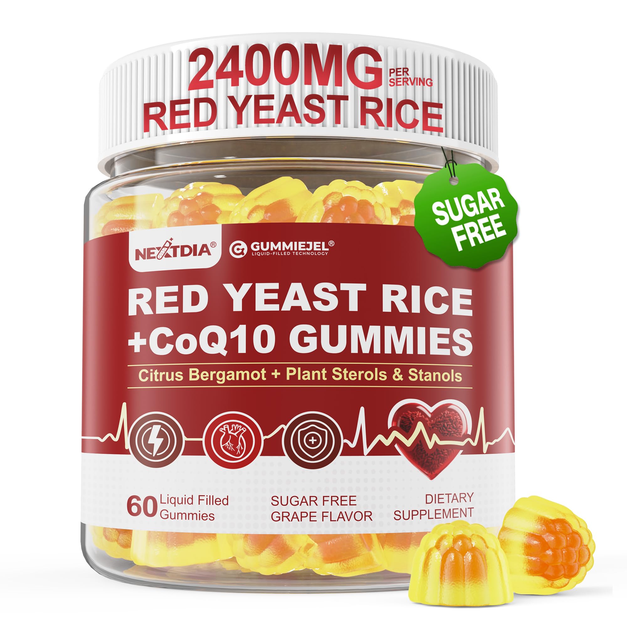 Front bottle of Red Yeast Rice Gummies with CoQ10 and vegan label