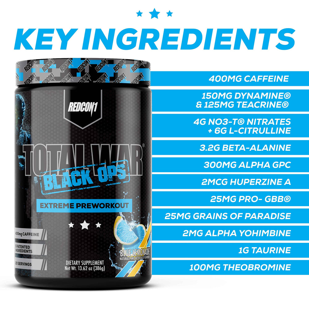 REDCON1 Total War Black Ops bottle angled conveys high-stimulant preworkout readiness