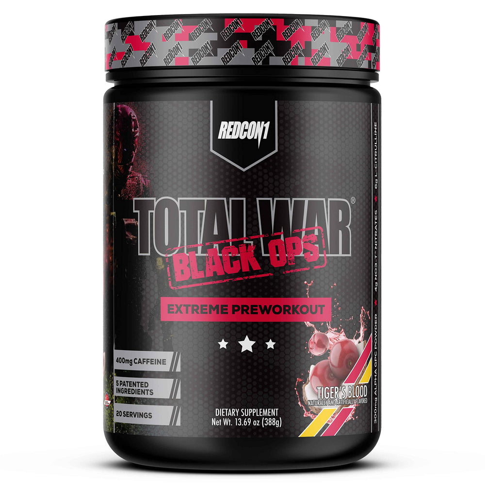 REDCON1 Total War Black Ops Tigers Blood tub ready for high-intensity preworkout sessions.