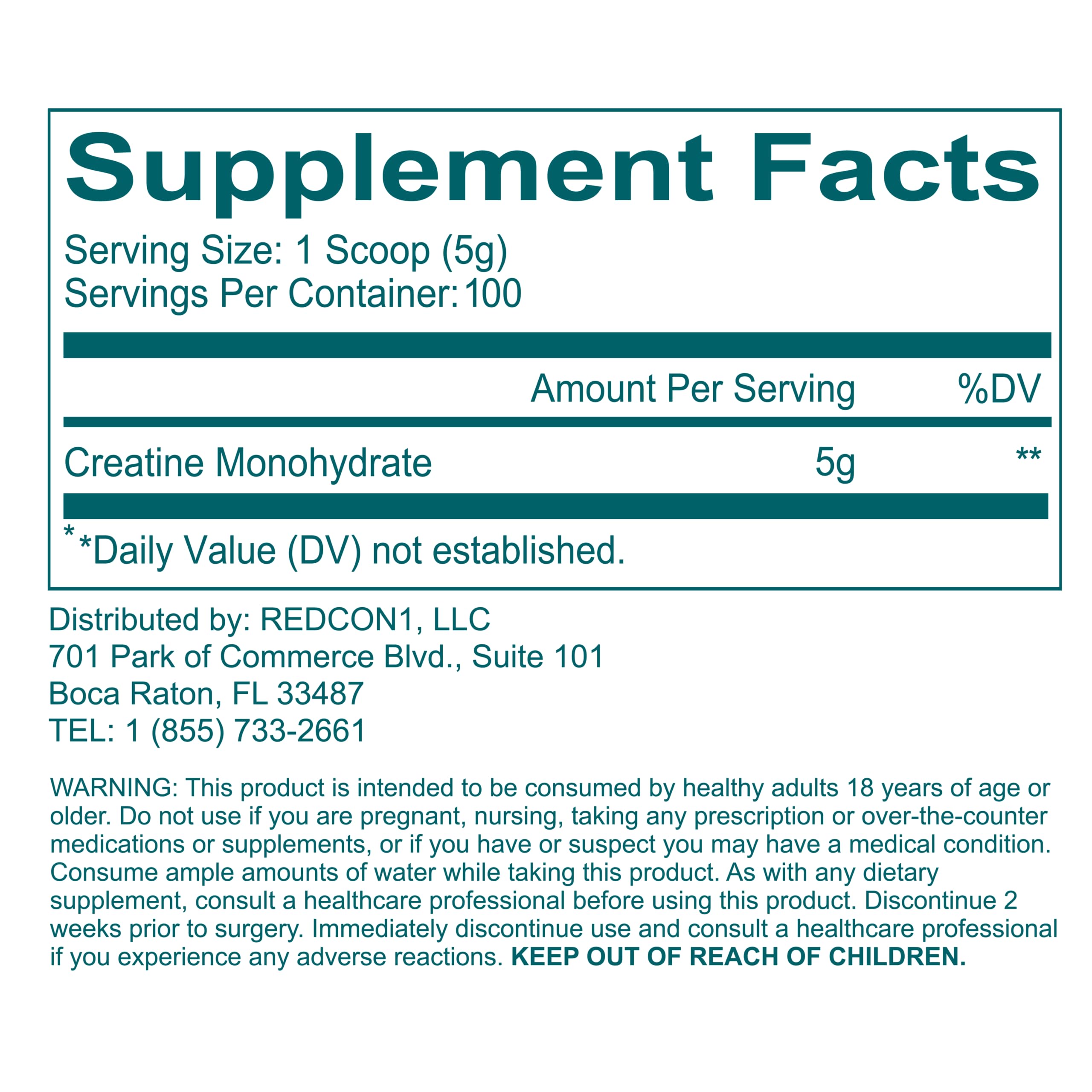Back view of the REDCON1 Creatine Monohydrate bottle with label