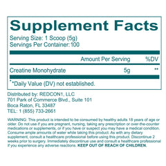 Back view of the REDCON1 Creatine Monohydrate bottle with label