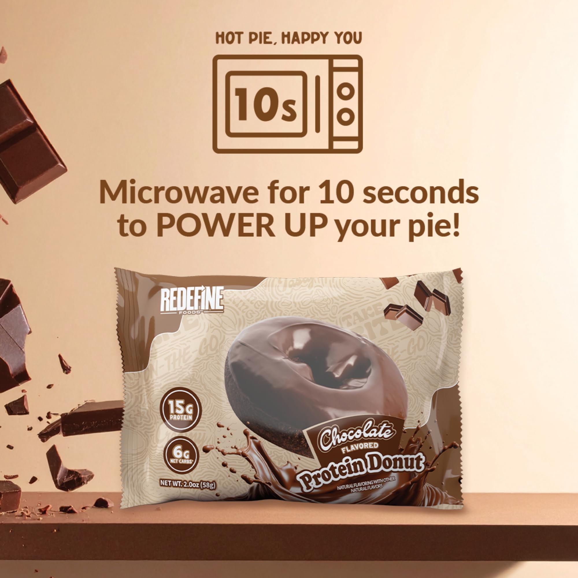 REDEFINE Chocolate Protein Donut bite-shot captures a chewy, chocolatey, protein-packed bite.