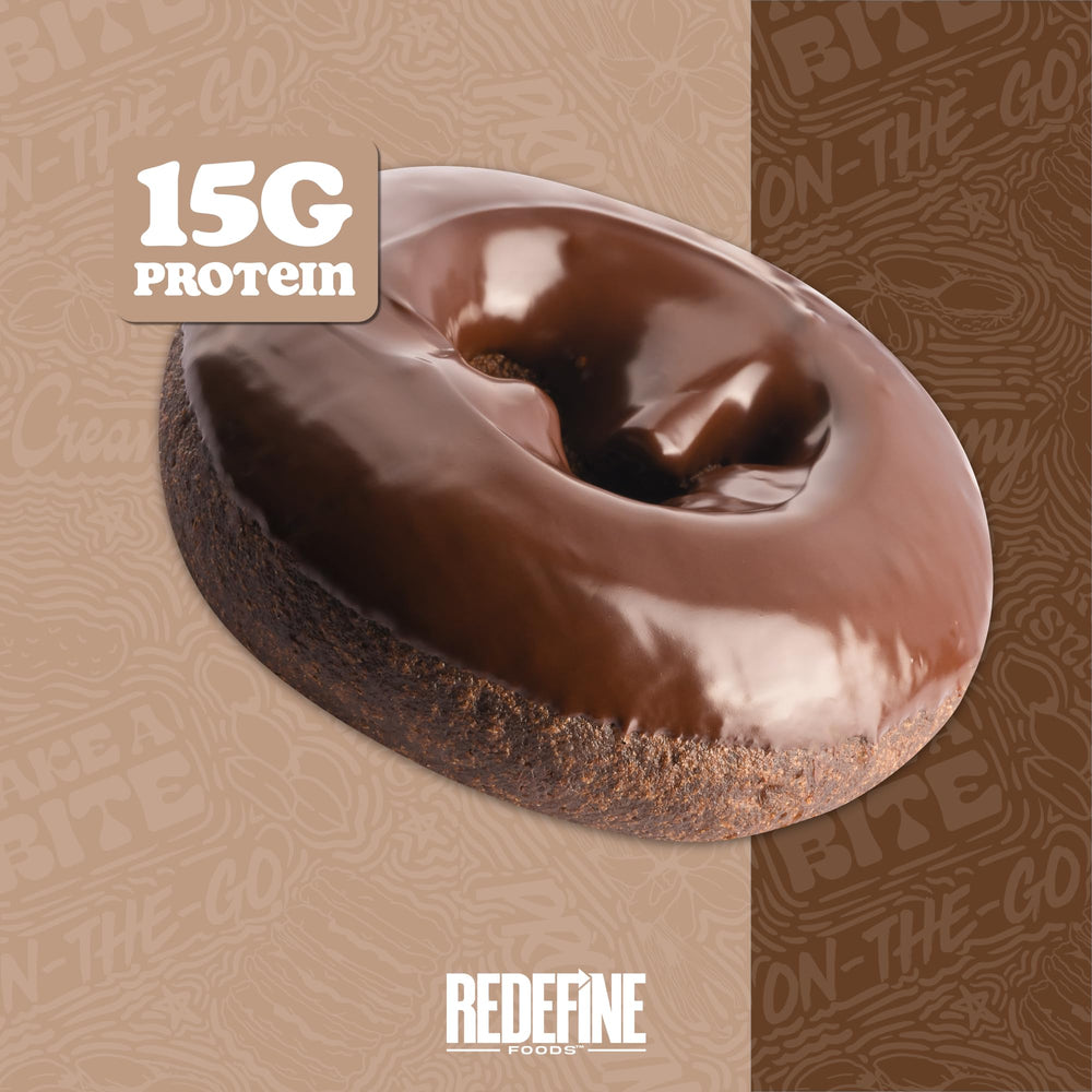 REDEFINE Chocolate Protein Donut close-up emphasizes rich chocolate flavor and quality ingredients.