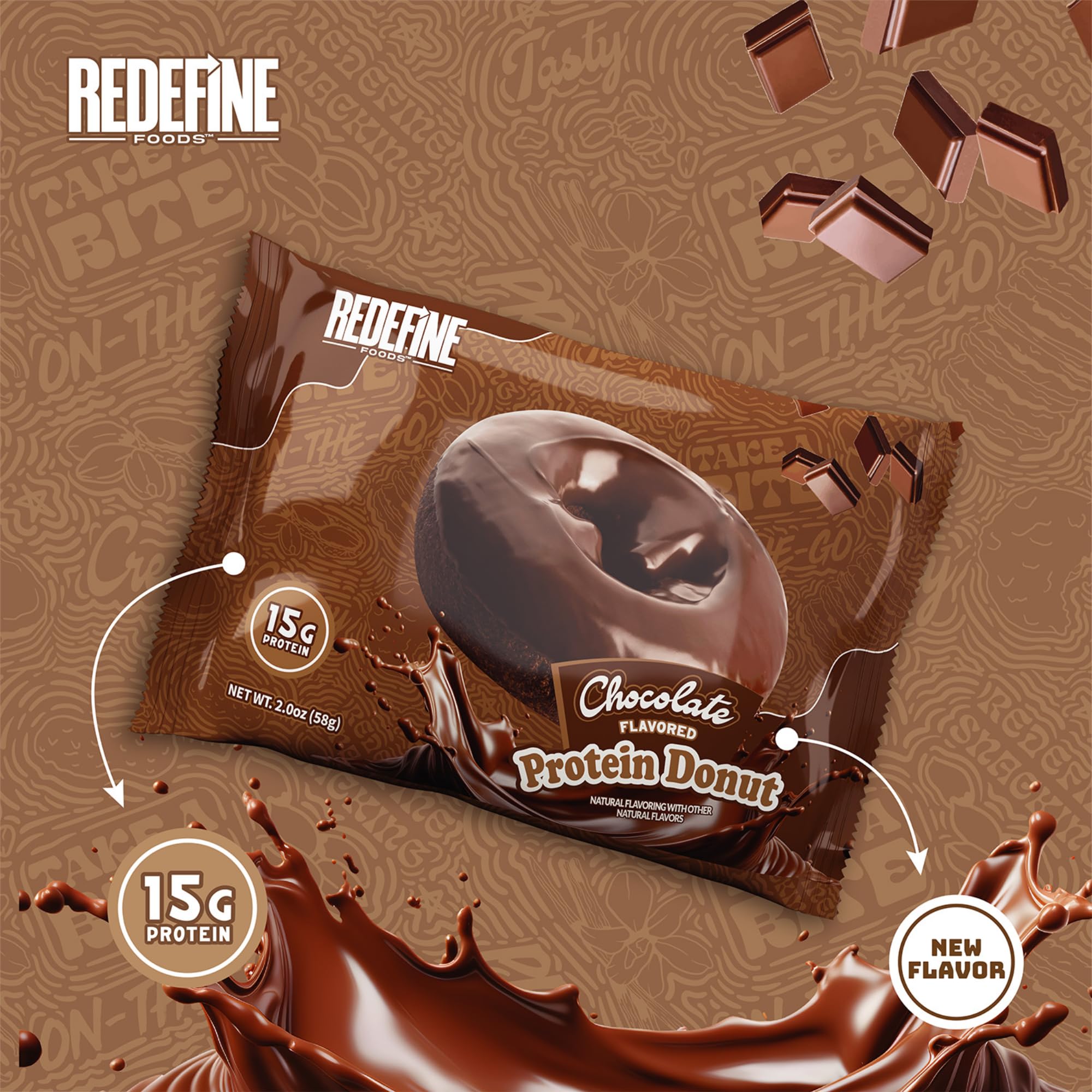 REDEFINE Chocolate Protein Donut nutrition panel highlights 15g protein per serving.