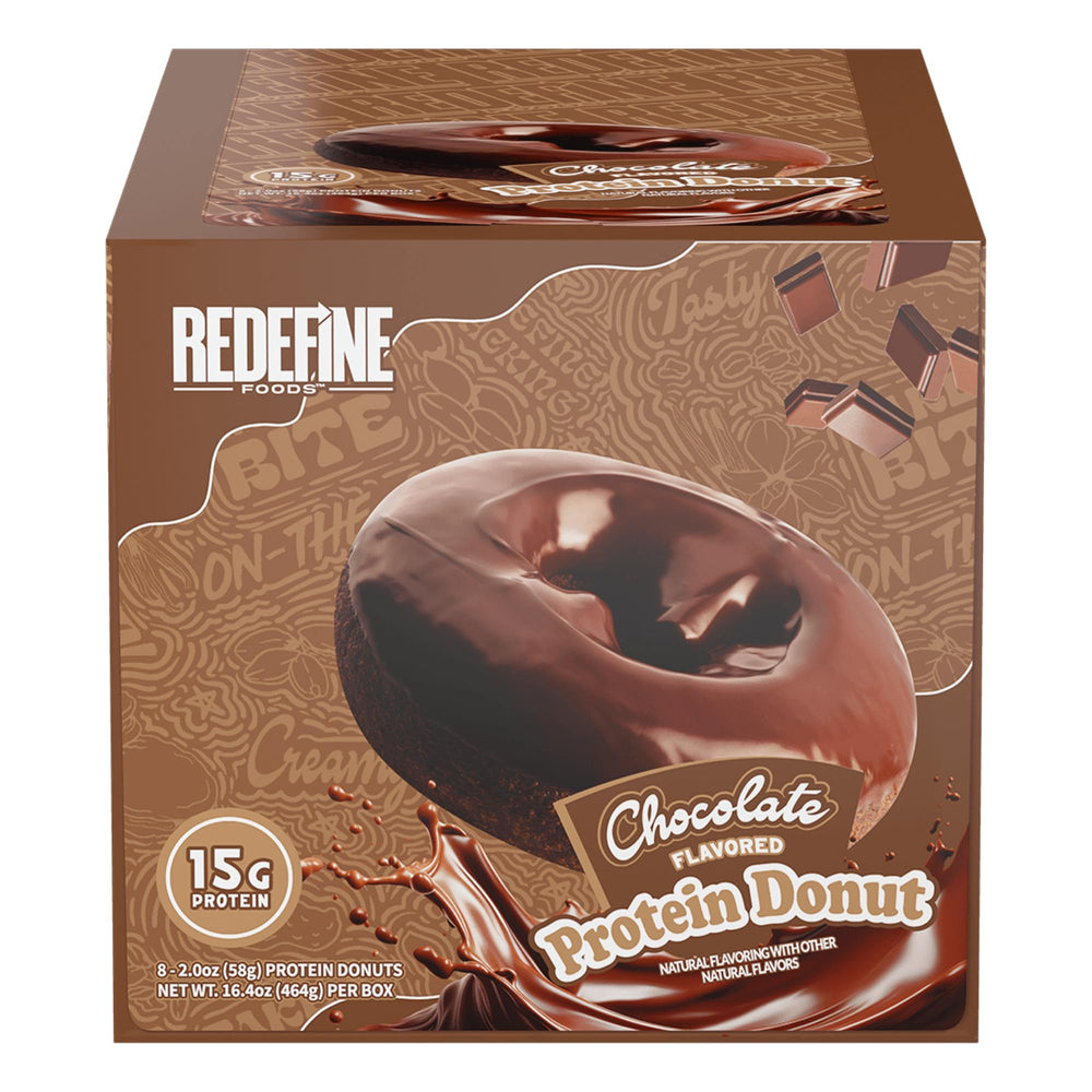 REDEFINE Chocolate Protein Donut packaging reveals clean ingredients for a quick, protein-rich snack.