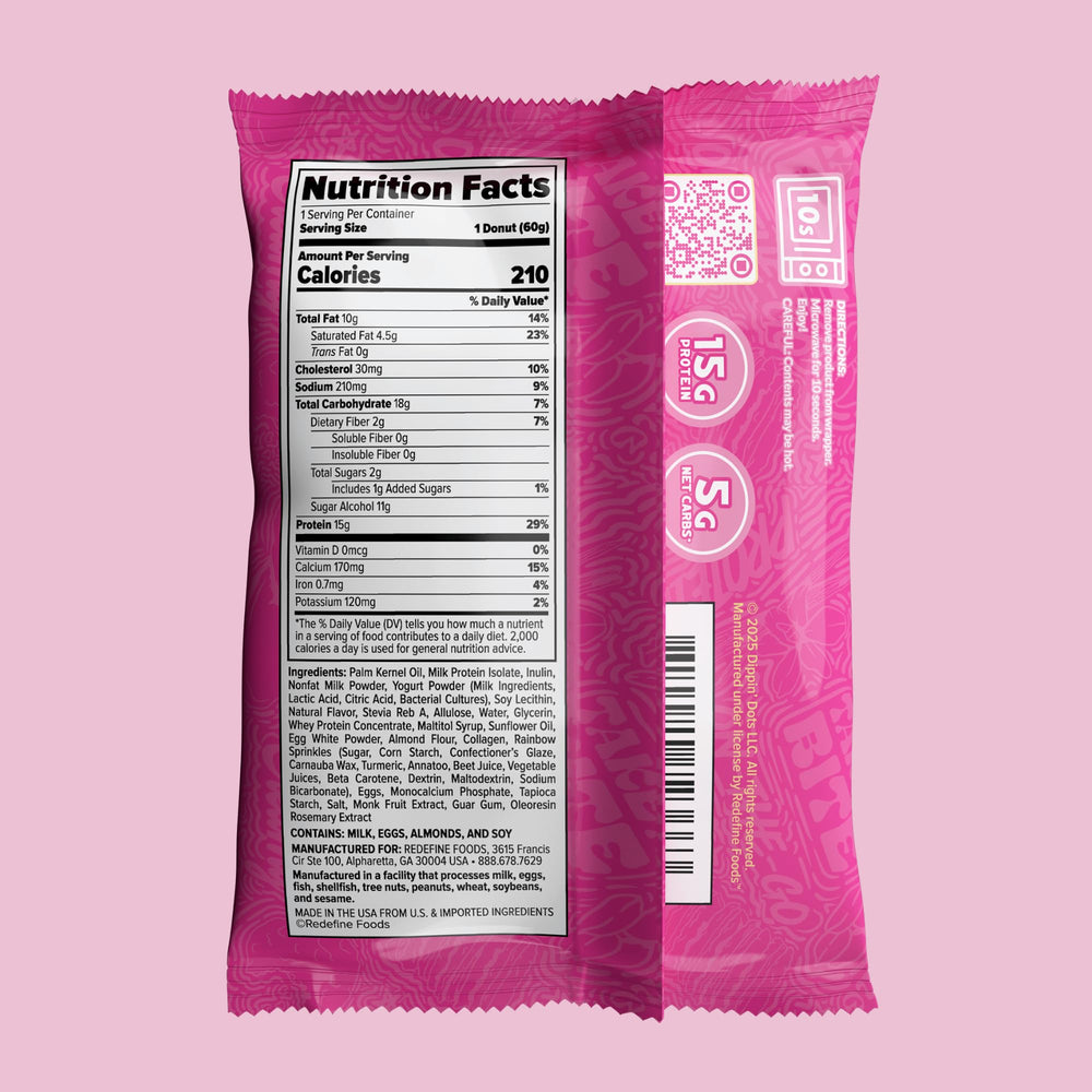 REDEFINE Dippin' Dots Protein Donut 15g protein label highlights smart snacking options