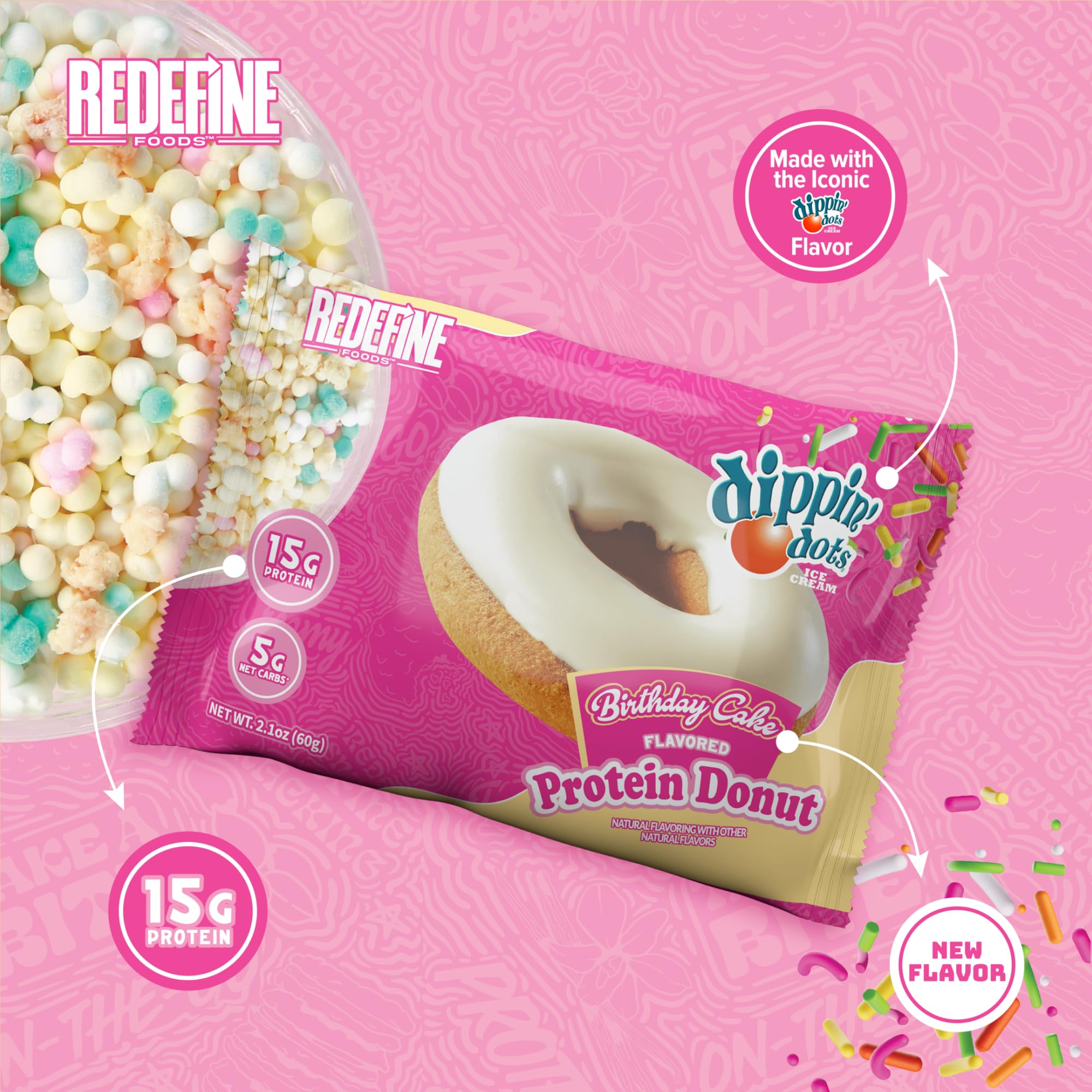 REDEFINE Dippin' Dots Protein Donut slice close-up reveals fluffy center and frosting