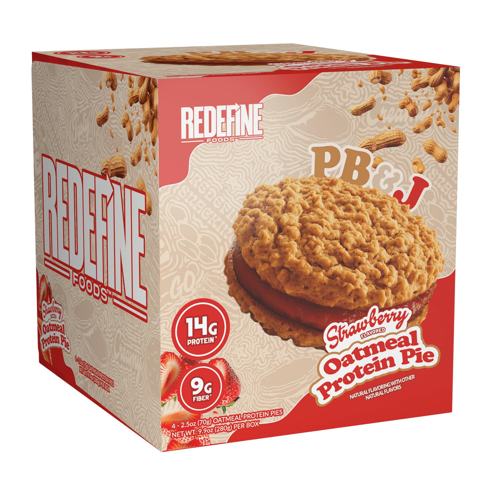 REDEFINE Oatmeal Protein Pie label closeup showing non-GMO ingredients for a balanced snack
