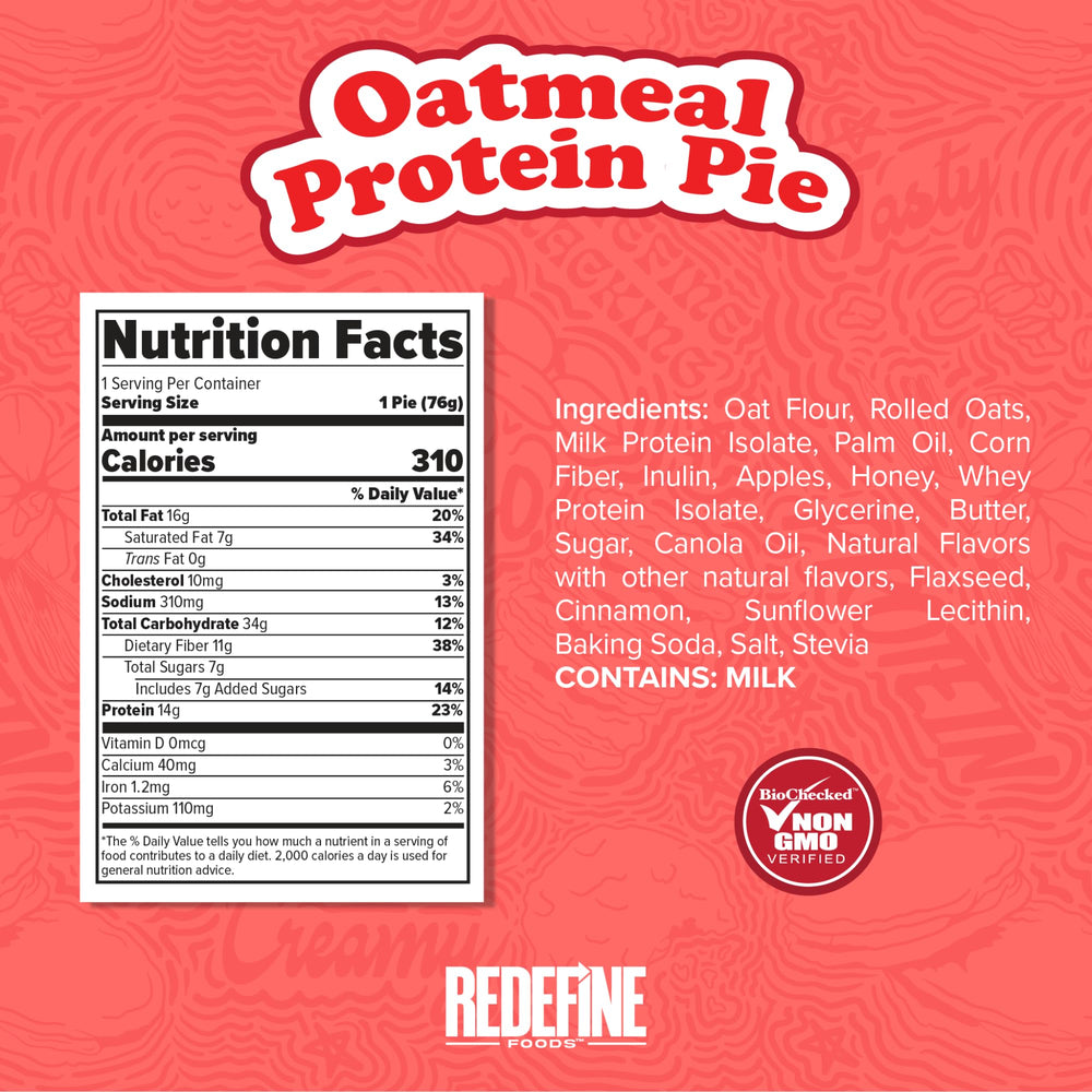 REDEFINE Oatmeal Protein Pie package shot emphasizes convenient eight-pack snack option