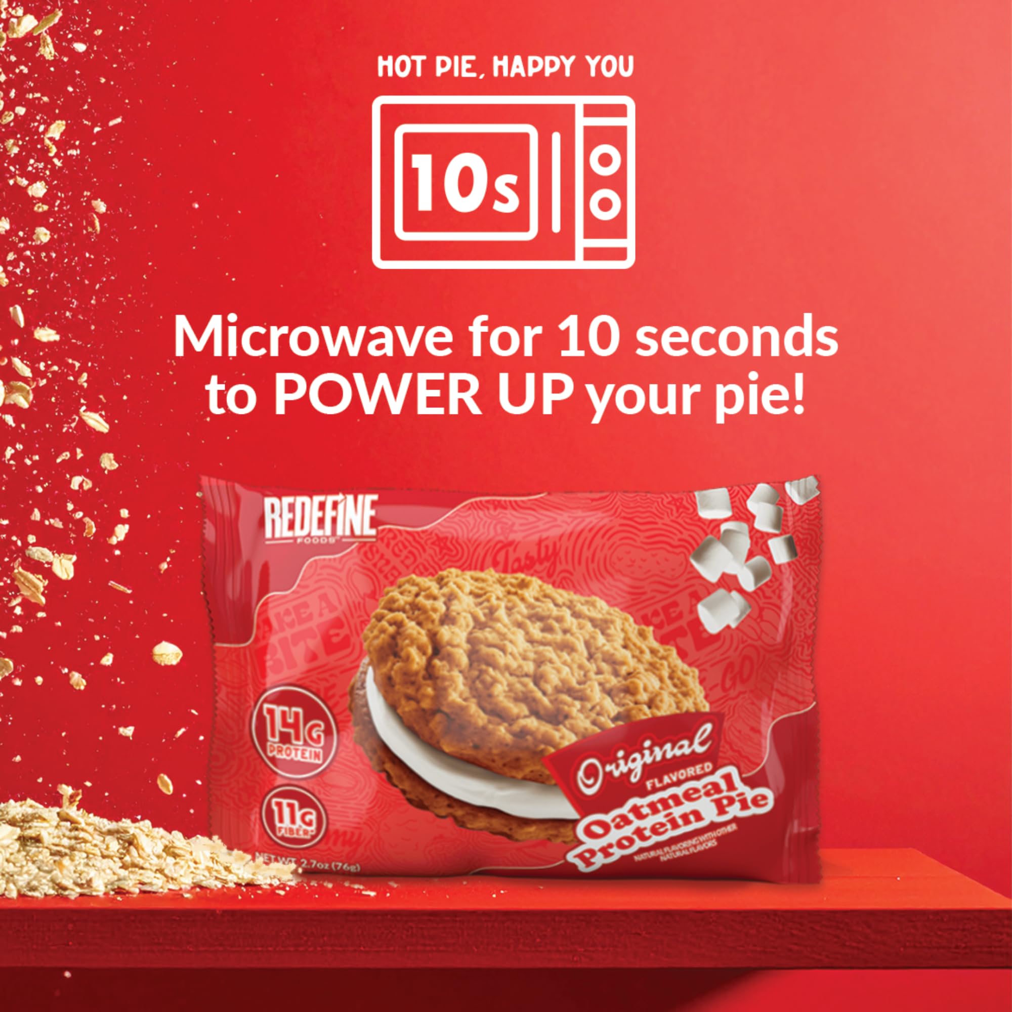 REDEFINE Oatmeal Protein Pie oven-warmed display evokes cozy breakfast vibe