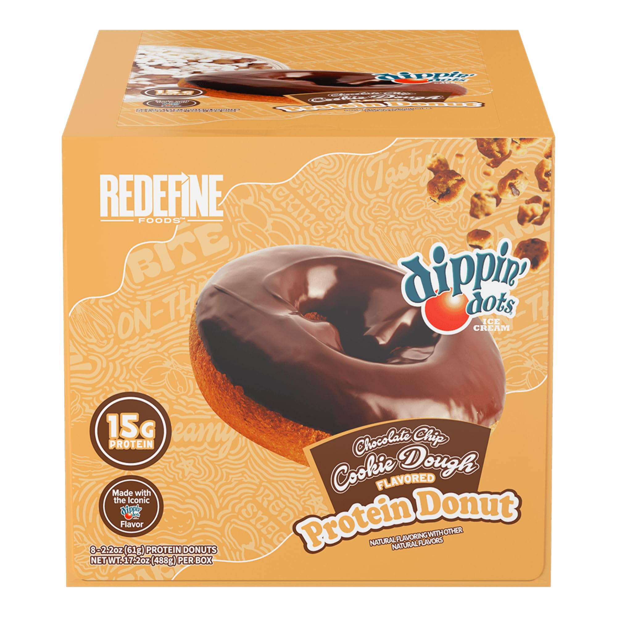 REDEFINE protein donut packaging shows chocolate chip cookie dough flavor for on-the-go protein snack.