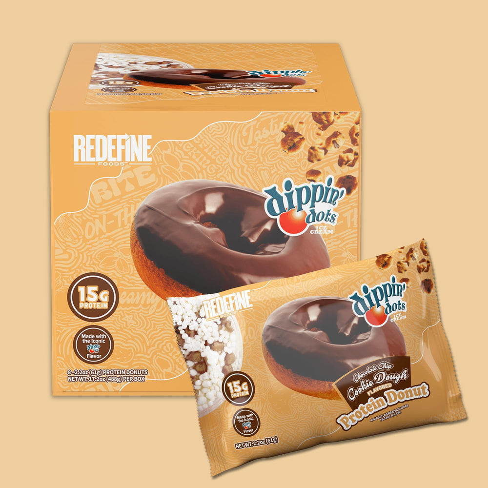 REDEFINE protein donut wrapper close-up highlights clean ingredients promise.