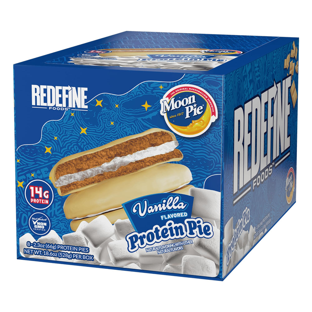 REDEFINE Protein Pie MoonPie Vanilla pack shot highlights eight-pack convenience
