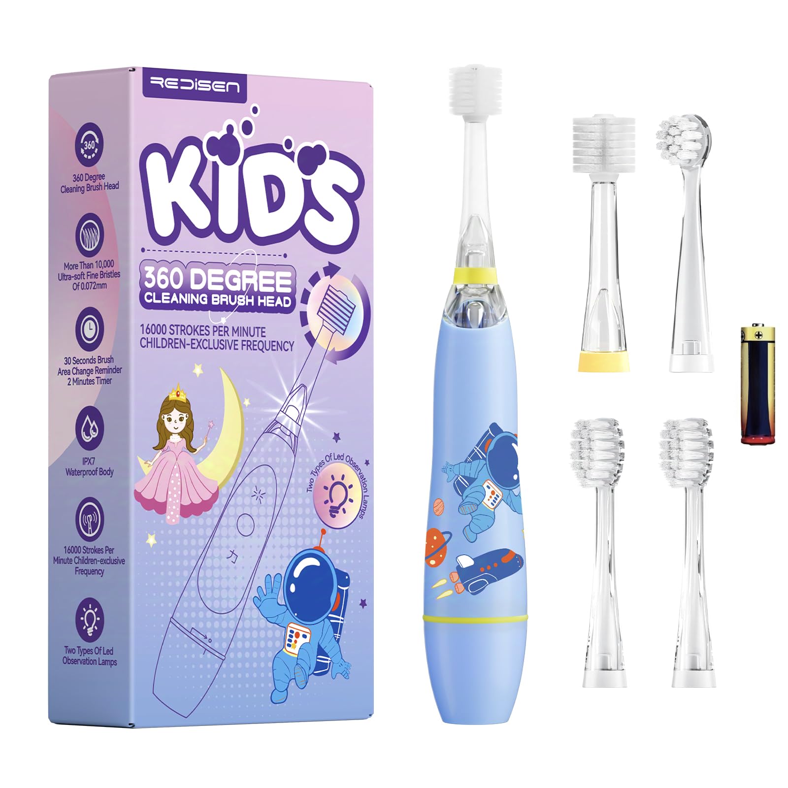 Front view of ReDISEN 360 Degree Kids Electric Toothbrush in blue