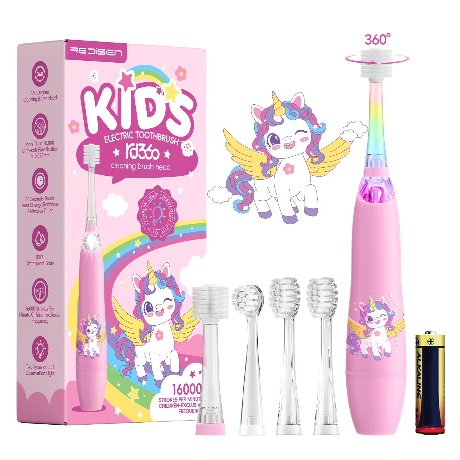 Front view of ReDISEN Kids Electric Toothbrush with pink unicorn design