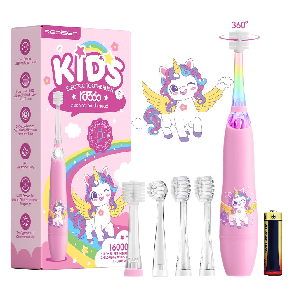 Front view of ReDISEN Kids Electric Toothbrush with pink unicorn design