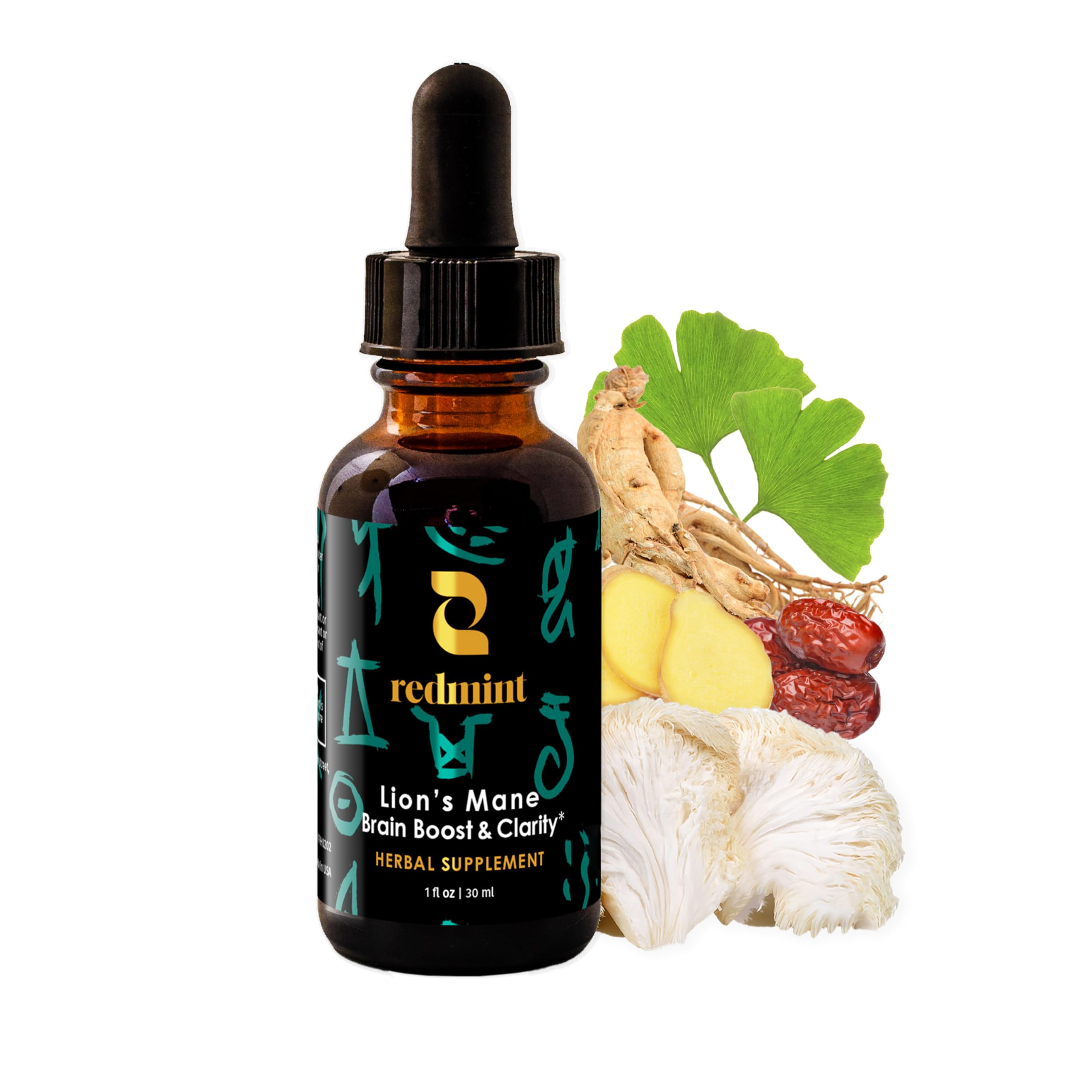 Redmint lions mane mushroom tincture bottle with Ginkgo and Ginseng