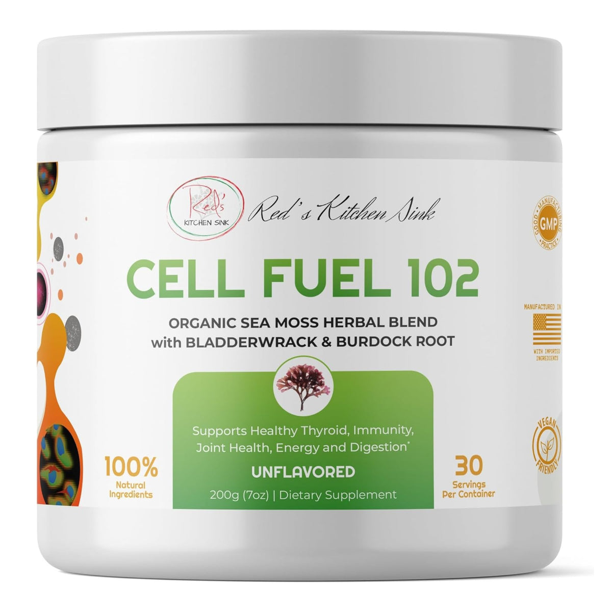 7oz jar of Red's Kitchen Sink Cell Fuel 102 sea moss powder