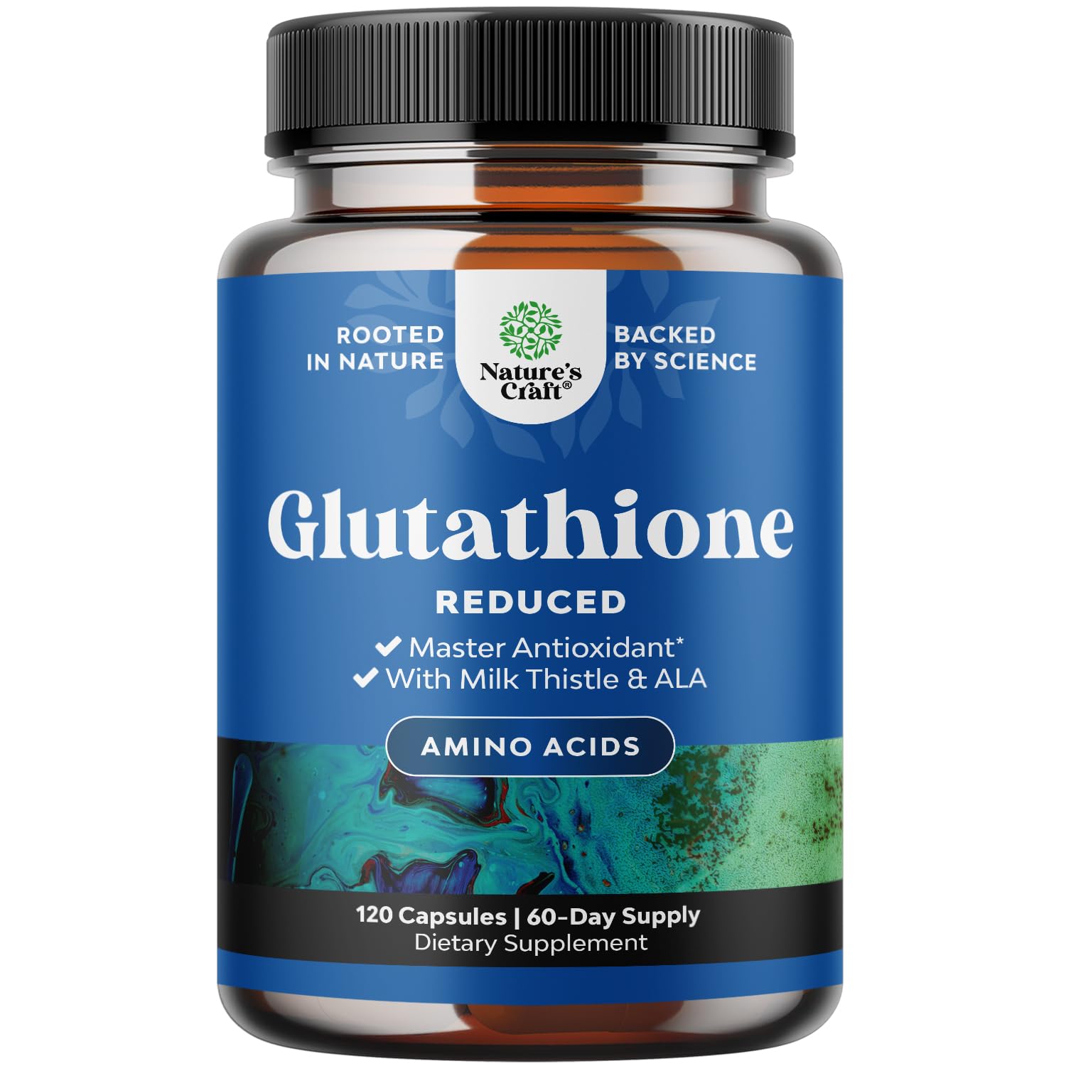 Product bottle labeled Reduced Glutathione with Milk Thistle 1000mg per serving