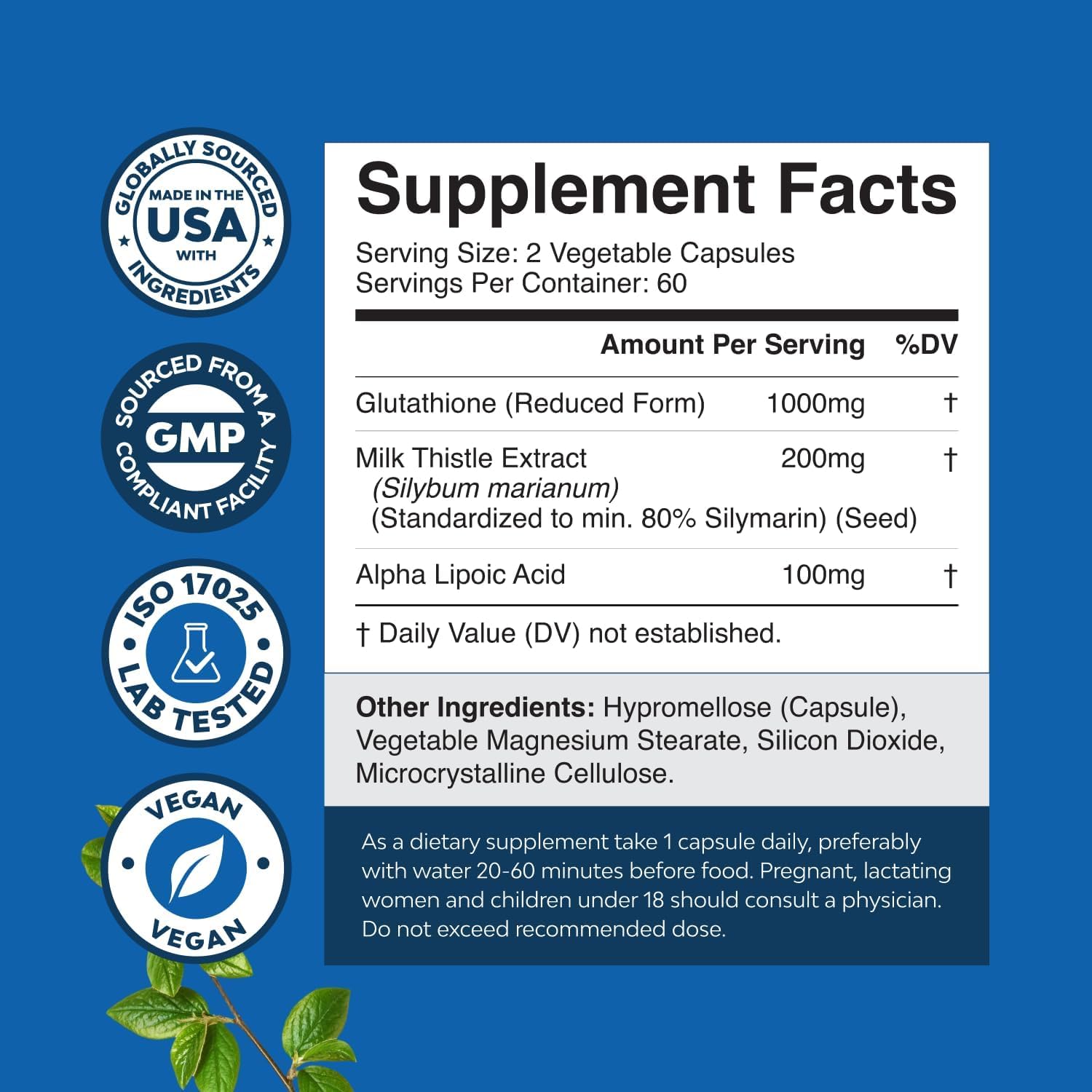 Glutathione supplement capsules with alpha lipoic acid and milk thistle