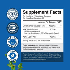 Glutathione supplement capsules with alpha lipoic acid and milk thistle